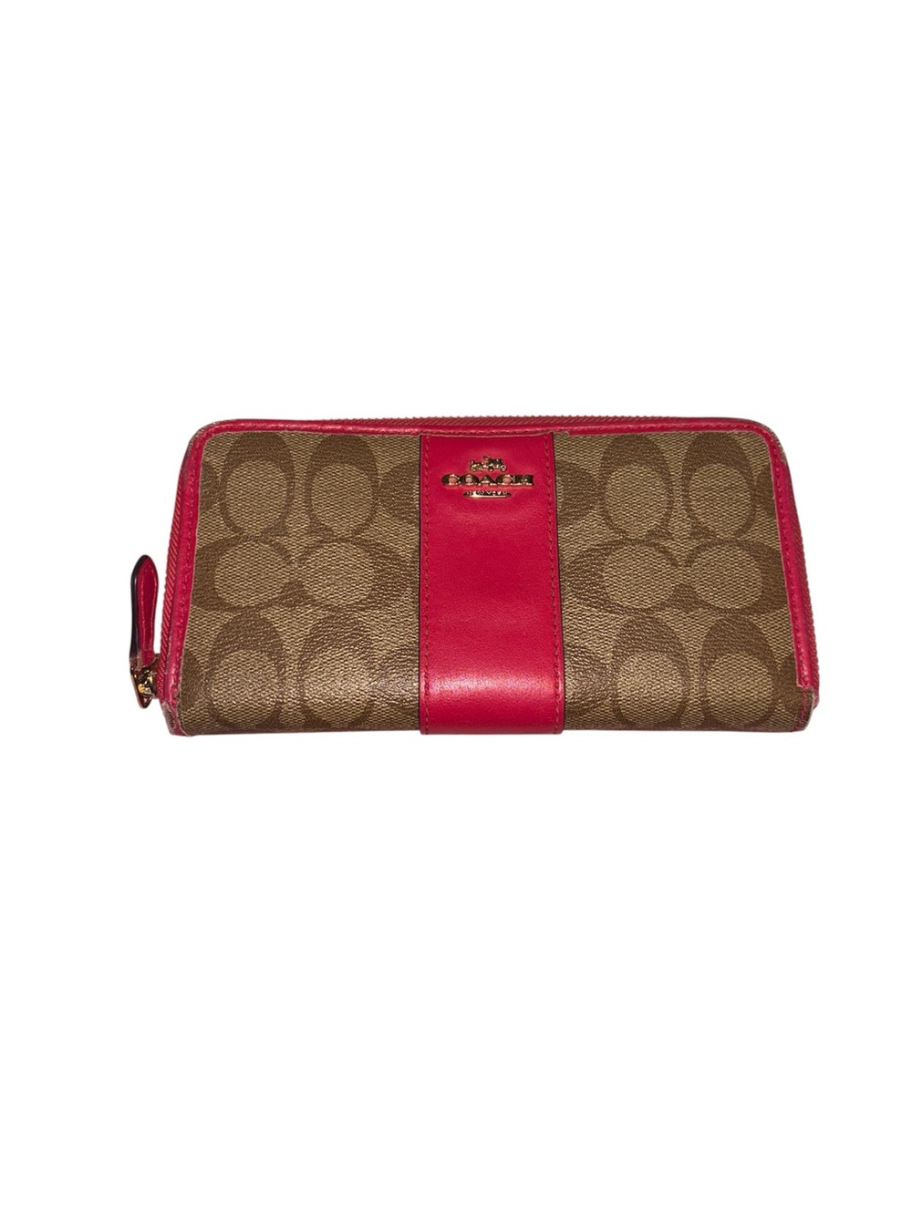 Coach Signature Canvas Zip Wallet in Brown and Pink